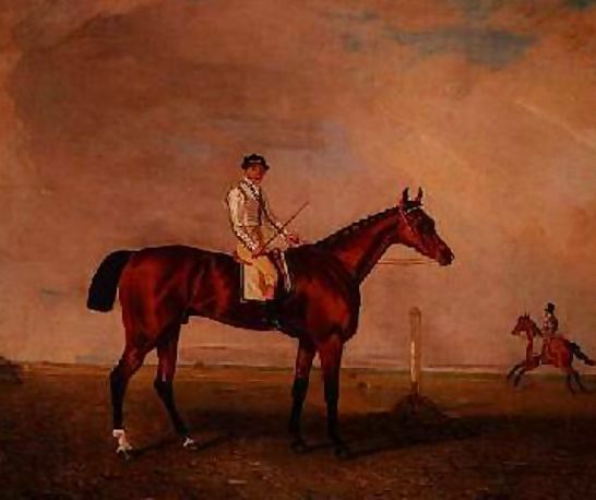 Lambert Marshall _ Bay racehorse with jockey on a racecourse.jpg