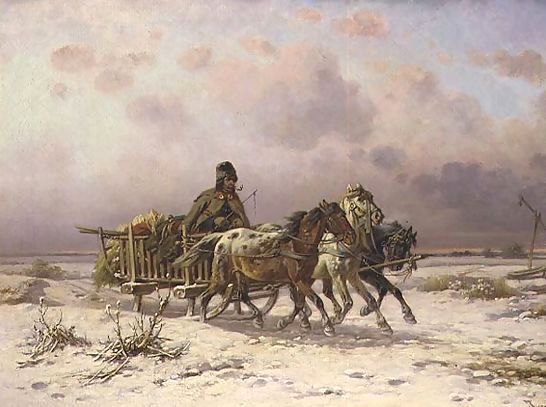 Adolf van der Venne _ A peasant in a sledge driving three horses.jpg