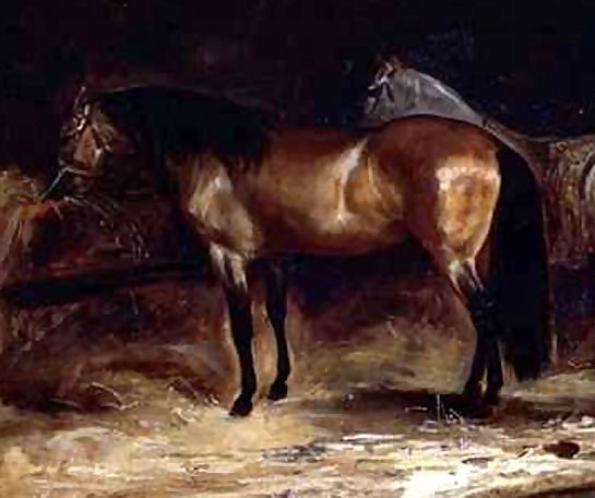 Theodore Gericault _ A Bay Horse at a manger with a grey horse in a rug.jpg