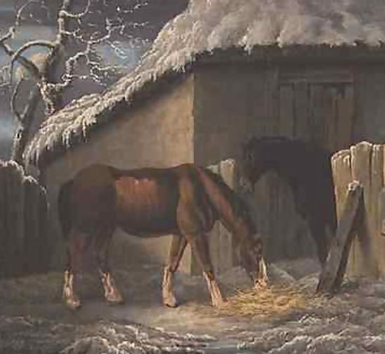 Thomas Hand _ A Winter landscape with two horses feeding outside a stable.jpg