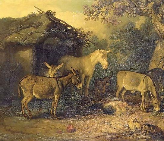 James Ward _ Donkeys, horse and pigs by a barn in a farmyard.jpg