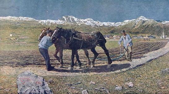 Giovanni Segantini _ Peasants ploughing a field in the north of Italy, illustration from the magazine Allemand Jugend. 1879.jpg