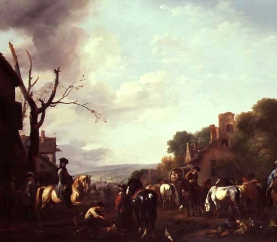 or Huchtenburgh, Jan van Huchtenberg _ Horsemen and Travellers halted in a village.jpg